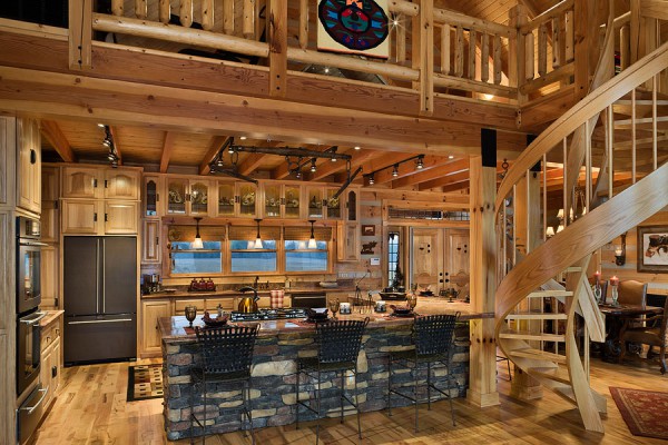 Interior, horizontal, kitchen with circular stairway to loft, DeSocio residence, Paris, Tennessee; Honest Abe Log Homes